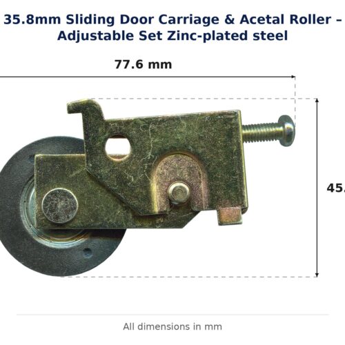 TradeBase 35.8mm Sliding Door Carriage & Acetal Roller – Adjustable Set Zinc-plated steel dimensions showing 77.6 mm, 45.6 mm