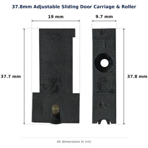 37.8mm Adjustable Sliding Door Carriage & Roller – Suits Windows dimension diagram - overall 19 mm x 37.8 mm, every dimension measured in millimetres. TradeBase Australia part CAR38.