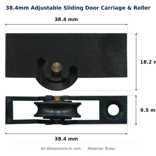 38.4mm Adjustable Sliding Door Carriage & Roller – Suits Windows dimension diagram - overall 38.4 mm x 18.2 mm, every dimension measured in millimetres. TradeBase Australia part CAR38BR.