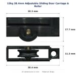 12kg 38.4mm Adjustable Sliding Door Carriage & Roller – Suits Windows dimension diagram - overall 38.4 mm x 17.7 mm, every dimension measured in millimetres. TradeBase Australia part CAR38BR12.