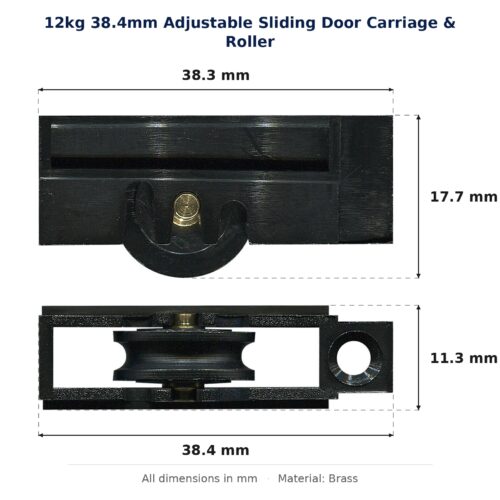 12kg 38.4mm Adjustable Sliding Door Carriage & Roller – Suits Windows dimension diagram - overall 38.4 mm x 17.7 mm, every dimension measured in millimetres. TradeBase Australia part CAR38BR12.