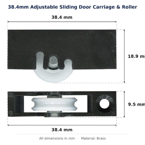 38.4mm Adjustable Sliding Door Carriage & Roller – Suits Windows dimension diagram - overall 38.4 mm x 18.9 mm, every dimension measured in millimetres. TradeBase Australia part CAR38BR19.