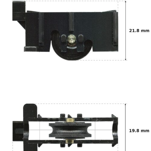 TradeBase 38.7 x 22.9mm Adjustable Sliding Door Carriage & Roller – Brass dimensions showing 38.5 mm, 21.8 mm, 38.4 mm, 19.8 mm