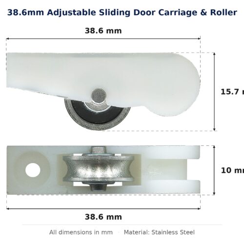 38.6mm Adjustable Sliding Door Carriage & Roller – Suits Windows dimension diagram - overall 38.6 mm x 15.7 mm, every dimension measured in millimetres. TradeBase Australia part CAR39SS.