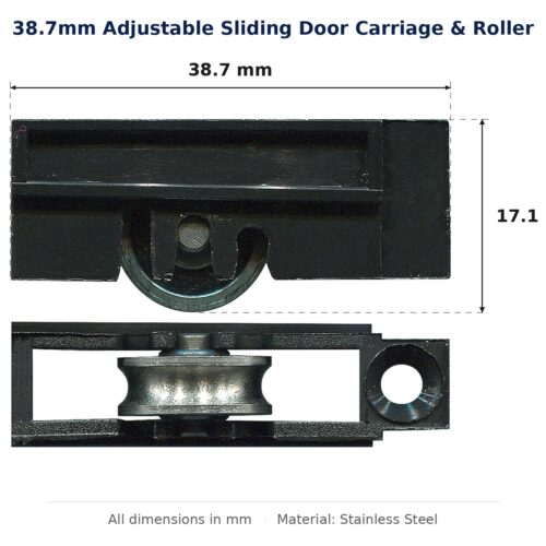 38.7mm Adjustable Sliding Door Carriage & Roller – Suits Windows dimension diagram - overall 38.7 mm x 17.1 mm, every dimension measured in millimetres. TradeBase Australia part CAR39SS17.