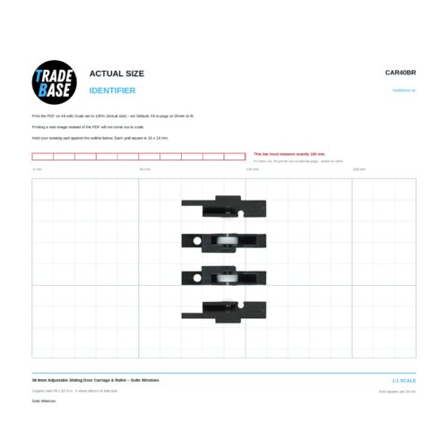 Actual size 1:1 print guide for 39.9mm Adjustable Sliding Door Carriage & Roller – Suits Windows on a 10 mm grid