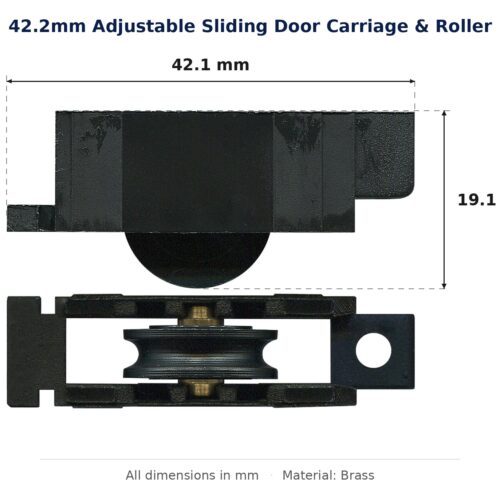 42.2mm Adjustable Sliding Door Carriage & Roller – Suits Windows dimension diagram - overall 42.2 mm x 19.1 mm, every dimension measured in millimetres. TradeBase Australia part CAR42BR.
