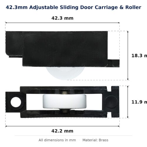42.3mm Adjustable Sliding Door Carriage & Roller – Suits Windows dimension diagram - overall 42.3 mm x 18.3 mm, every dimension measured in millimetres. TradeBase Australia part CAR42BR18.