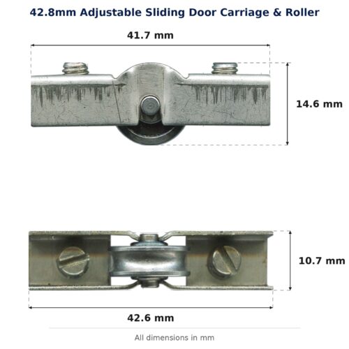 TradeBase 42.8mm Adjustable Sliding Door Carriage & Roller dimensions showing 41.7 mm, 14.6 mm, 42.6 mm, 10.7 mm