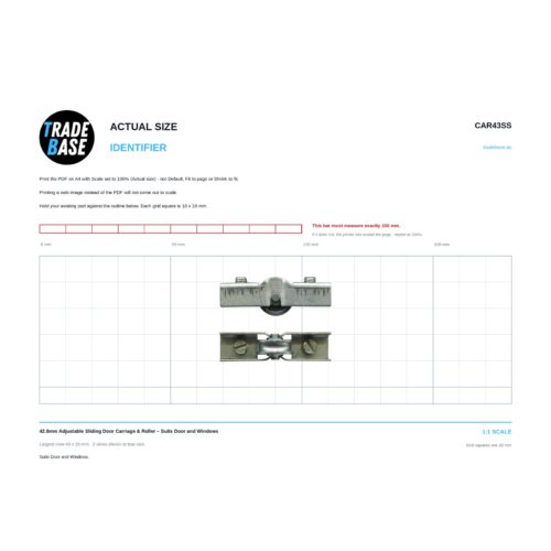 Actual size 1:1 print guide for 42.8mm Adjustable Sliding Door Carriage & Roller – Suits Door and Windows on a 10 mm grid