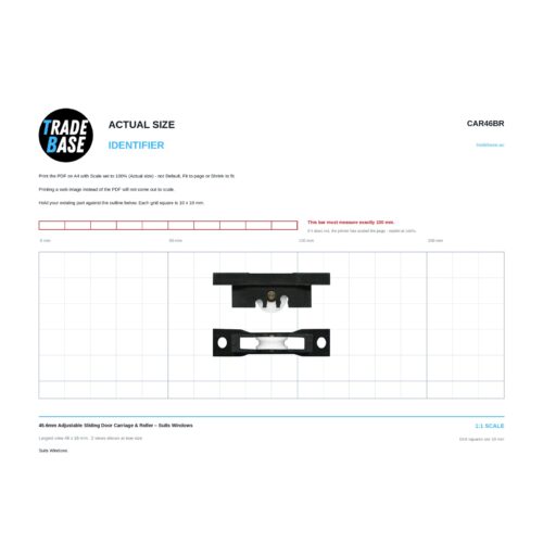 Actual size 1:1 print guide for 45.6mm Adjustable Sliding Door Carriage & Roller – Suits Windows on a 10 mm grid