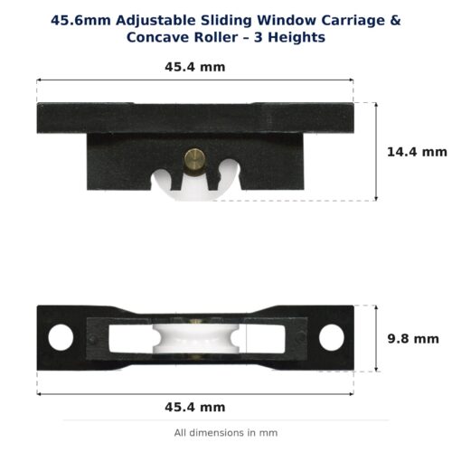 TradeBase 45.6mm Adjustable Sliding Window Carriage & Concave Roller – 3 Heights dimensions showing 45.4 mm, 14.4 mm, 45.4 mm, 9.8 mm