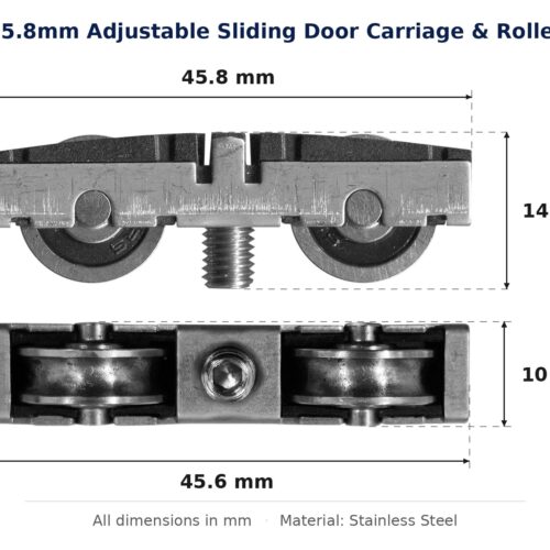 45.8mm Adjustable Sliding Door Carriage & Roller – Suits Windows dimension diagram - overall 45.8 mm x 14.9 mm, every dimension measured in millimetres. TradeBase Australia part CAR46SS.