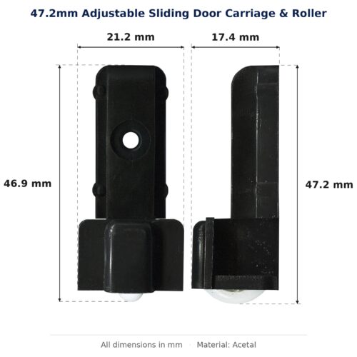 47.2mm Adjustable Sliding Door Carriage & Roller – Suits Windows dimension diagram - overall 21.2 mm x 47.2 mm, every dimension measured in millimetres. TradeBase Australia part CAR47ACE.