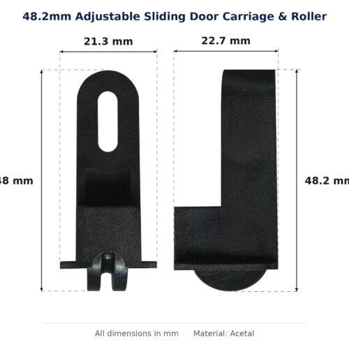 48.2mm Adjustable Sliding Door Carriage & Roller – Suits Screen Doors dimension diagram - overall 22.7 mm x 48.2 mm, every dimension measured in millimetres. TradeBase Australia part CAR48ACE.