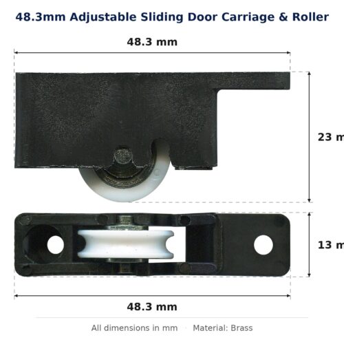 48.3mm Adjustable Sliding Door Carriage & Roller – Suits Windows dimension diagram - overall 48.3 mm x 23 mm, every dimension measured in millimetres. TradeBase Australia part CAR48BR.