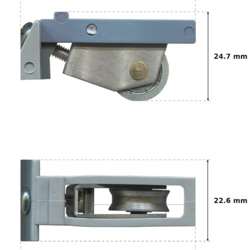 TradeBase 49mm Adjustable Sliding Door Carriage & Roller dimensions showing 48.2 mm, 24.7 mm, 48.1 mm, 22.6 mm