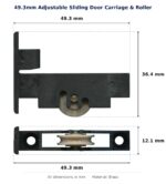 49.3mm Adjustable Sliding Door Carriage & Roller – Suits Windows dimension diagram - overall 49.3 mm x 36.4 mm, every dimension measured in millimetres. TradeBase Australia part CAR49BR.