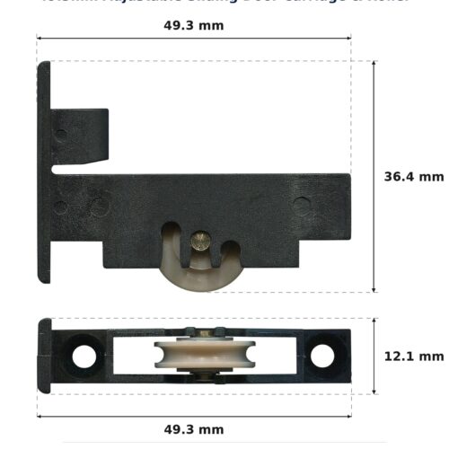 49.3mm Adjustable Sliding Door Carriage & Roller – Suits Windows dimension diagram - overall 49.3 mm x 36.4 mm, every dimension measured in millimetres. TradeBase Australia part CAR49BR.