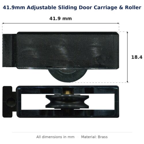 41.9mm Adjustable Sliding Door Carriage & Roller – Suits Windows dimension diagram - overall 41.9 mm x 18.4 mm, every dimension measured in millimetres. TradeBase Australia part CAR5110.