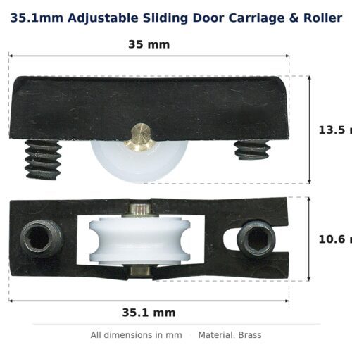 35.1mm Adjustable Sliding Door Carriage & Roller – Suits Windows dimension diagram - overall 35.1 mm x 13.5 mm, every dimension measured in millimetres. TradeBase Australia part CAR5231.