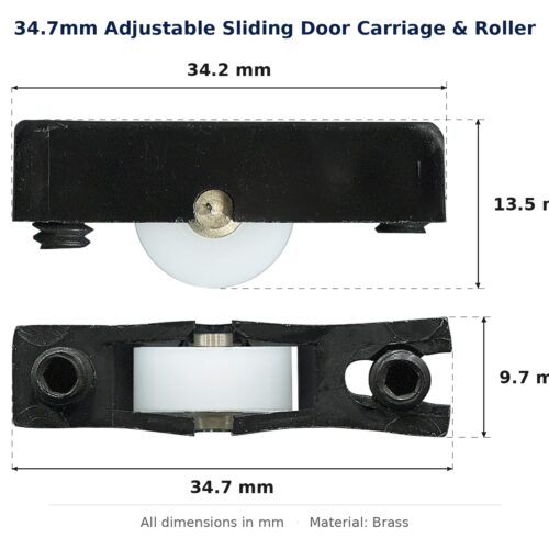 34.7mm Adjustable Sliding Door Carriage & Roller – Suits Windows dimension diagram - overall 34.7 mm x 13.5 mm, every dimension measured in millimetres. TradeBase Australia part CAR5232.