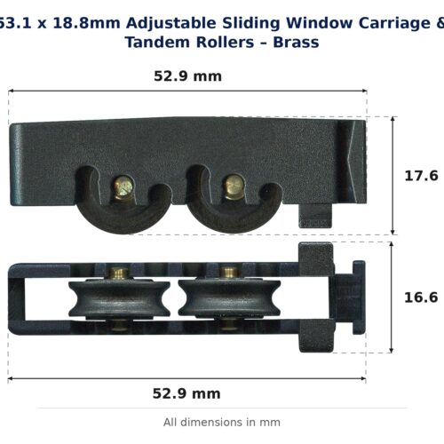 TradeBase 53.1 x 18.8mm Adjustable Sliding Window Carriage & Tandem Rollers – Brass dimensions showing 52.9 mm, 52.9 mm, 17.6 mm, 16.6 mm