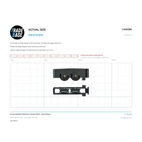 Actual size 1:1 print guide for 53.1mm Adjustable Sliding Door Carriage & Roller – Suits Windows on a 10 mm grid