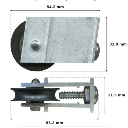 54.2mm Adjustable Sliding Door Carriage & Roller – Suits Patio Doors dimension diagram - overall 54.2 mm x 32.9 mm, every dimension measured in millimetres. TradeBase Australia part CAR54ACE.