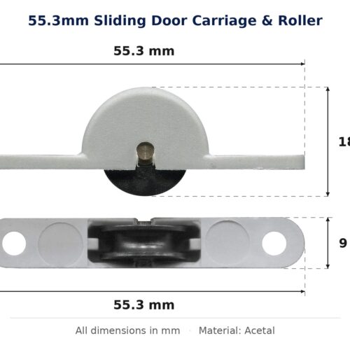 55.3mm Sliding Door Carriage & Roller – Suits Timber Doors dimension diagram - overall 55.3 mm x 18.9 mm, every dimension measured in millimetres. TradeBase Australia part CAR55ACE.