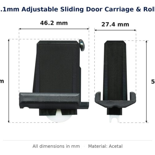 55.1mm Adjustable Sliding Door Carriage & Roller – Suits Screen Doors dimension diagram - overall 46.2 mm x 55.1 mm, every dimension measured in millimetres. TradeBase Australia part CAR55ACE46.