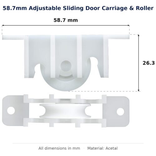 58.7mm Adjustable Sliding Door Carriage & Roller – Suits Screen Doors dimension diagram - overall 58.7 mm x 26.3 mm, every dimension measured in millimetres. TradeBase Australia part CAR59ACE.