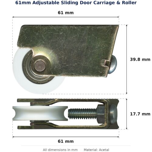 61mm Adjustable Sliding Door Carriage & Roller – Suits Patio Doors dimension diagram - overall 61 mm x 39.8 mm, every dimension measured in millimetres. TradeBase Australia part CAR61ACE.