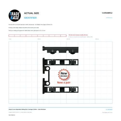 Actual size 1:1 print guide for 12kg 63.1mm Adjustable Sliding Door Carriage & Roller – Suits Windows on a 10 mm grid