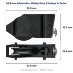 63.8mm Adjustable Sliding Door Carriage & Roller – Suits Patio Doors dimension diagram - overall 63.8 mm x 33.2 mm, every dimension measured in millimetres. TradeBase Australia part CAR64ACE.