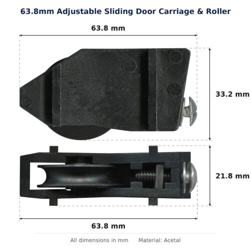 63.8mm Adjustable Sliding Door Carriage & Roller – Suits Patio Doors dimension diagram - overall 63.8 mm x 33.2 mm, every dimension measured in millimetres. TradeBase Australia part CAR64ACE.