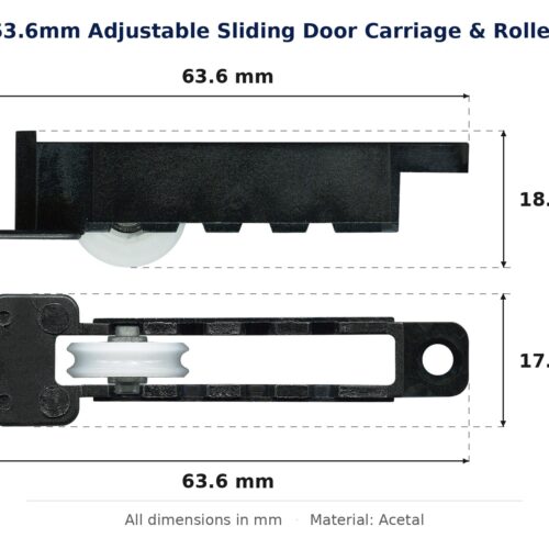 63.6mm Adjustable Sliding Door Carriage & Roller – Suits Windows dimension diagram - overall 63.6 mm x 18.3 mm, every dimension measured in millimetres. TradeBase Australia part CAR64ACE18.