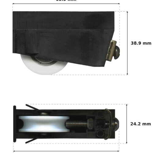 TradeBase 65.4mm Adjustable Sliding Door Carriage & Roller dimensions showing 65.3 mm, 38.9 mm, 64.4 mm, 24.2 mm