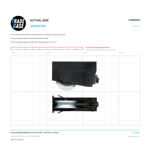 Actual size 1:1 print guide for 65.4mm Adjustable Sliding Door Carriage & Roller – Suits A and L Windows on a 10 mm grid