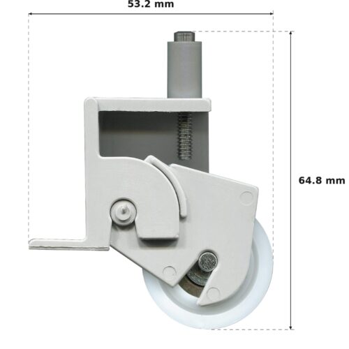 64.8mm Adjustable Sliding Door Carriage & Roller – Suits Screen Doors dimension diagram - overall 53.2 mm x 64.8 mm, every dimension measured in millimetres. TradeBase Australia part CAR65ACE53.
