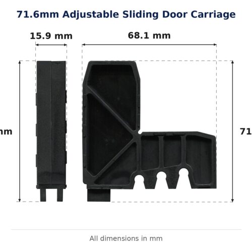 71.6mm Adjustable Sliding Door Carriage – Suits Screen Doors dimension diagram - overall 68.1 mm x 71.6 mm, every dimension measured in millimetres. TradeBase Australia part CAR72.
