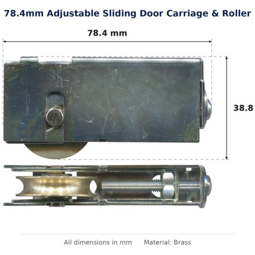 78.4mm Adjustable Sliding Door Carriage & Roller – Suits Sliding Doors dimension diagram - overall 78.4 mm x 38.8 mm, every dimension measured in millimetres. TradeBase Australia part CAR78BR.