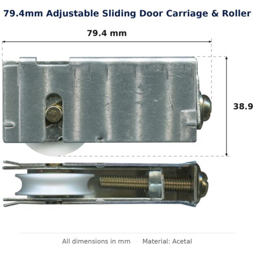 79.4mm Adjustable Sliding Door Carriage & Roller – Suits Patio Doors dimension diagram - overall 79.4 mm x 38.9 mm, every dimension measured in millimetres. TradeBase Australia part CAR79ACE.