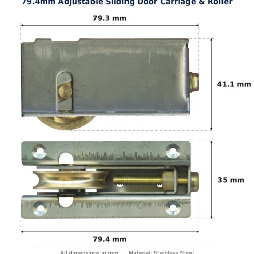 79.4mm Adjustable Sliding Door Carriage & Roller dimension diagram - overall 79.4 mm x 41.1 mm, every dimension measured in millimetres. TradeBase Australia part CAR79SS.