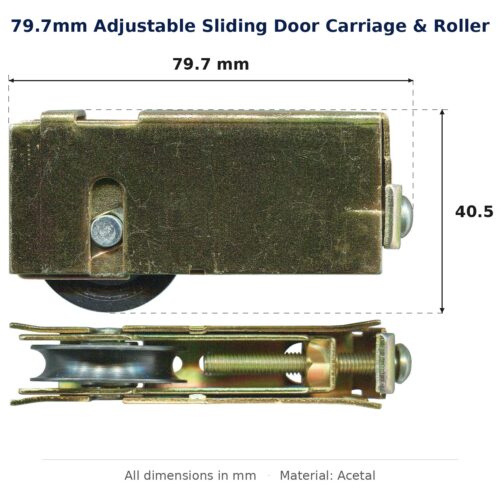 79.7mm Adjustable Sliding Door Carriage & Roller – Suits Patio Doors dimension diagram - overall 79.7 mm x 40.5 mm, every dimension measured in millimetres. TradeBase Australia part CAR80ACE.