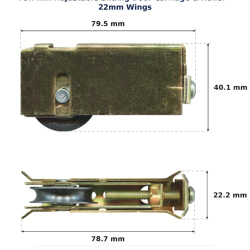 TradeBase 79.7mm Adjustable Sliding Door Carriage & Roller – 22mm Wings dimensions showing 79.5 mm, 40.1 mm, 78.7 mm, 22.2 mm