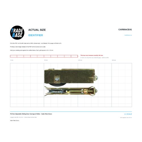 Actual size 1:1 print guide for 79.7mm Adjustable Sliding Door Carriage & Roller – Suits Patio Doors on a 10 mm grid
