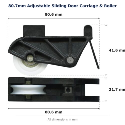 TradeBase 80.7mm Adjustable Sliding Door Carriage & Roller dimensions showing 80.6 mm, 80.6 mm, 41.6 mm, 21.7 mm