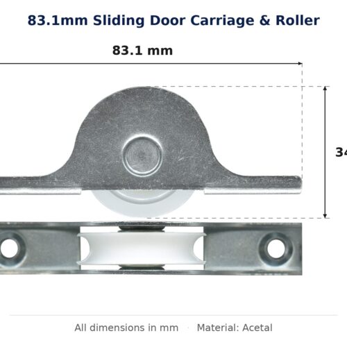 83.1mm Sliding Door Carriage & Roller – Suits Timber Doors dimension diagram - overall 83.1 mm x 34.5 mm, every dimension measured in millimetres. TradeBase Australia part CAR83ACE.