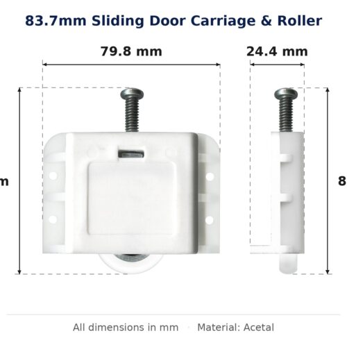 83.7mm Sliding Door Carriage & Roller – Suits Timber Doors dimension diagram - overall 79.8 mm x 83.7 mm, every dimension measured in millimetres. TradeBase Australia part CAR84ACE.